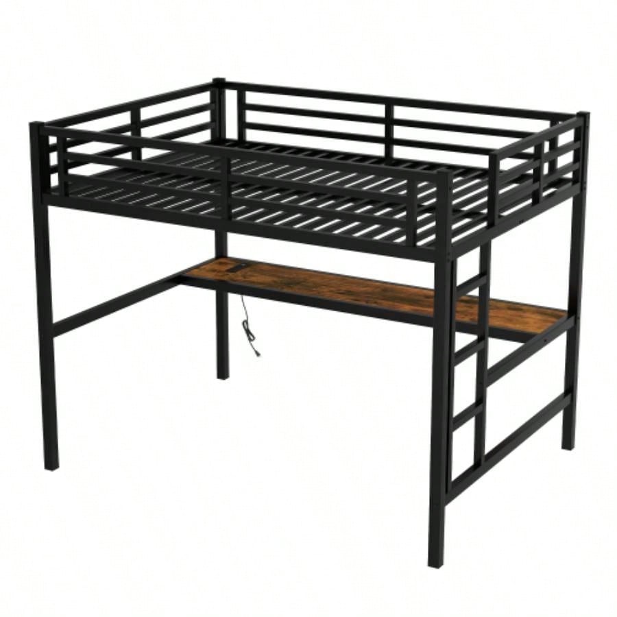 Metal Full Size Loft Bed with Power Outlet and LED Lighted, Space - Saving, Noise Reduced, Black