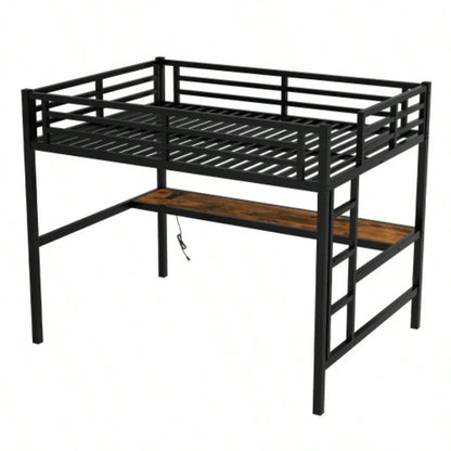 Metal Full Size Loft Bed with Power Outlet and LED Lighted, Space - Saving, Noise Reduced, Black