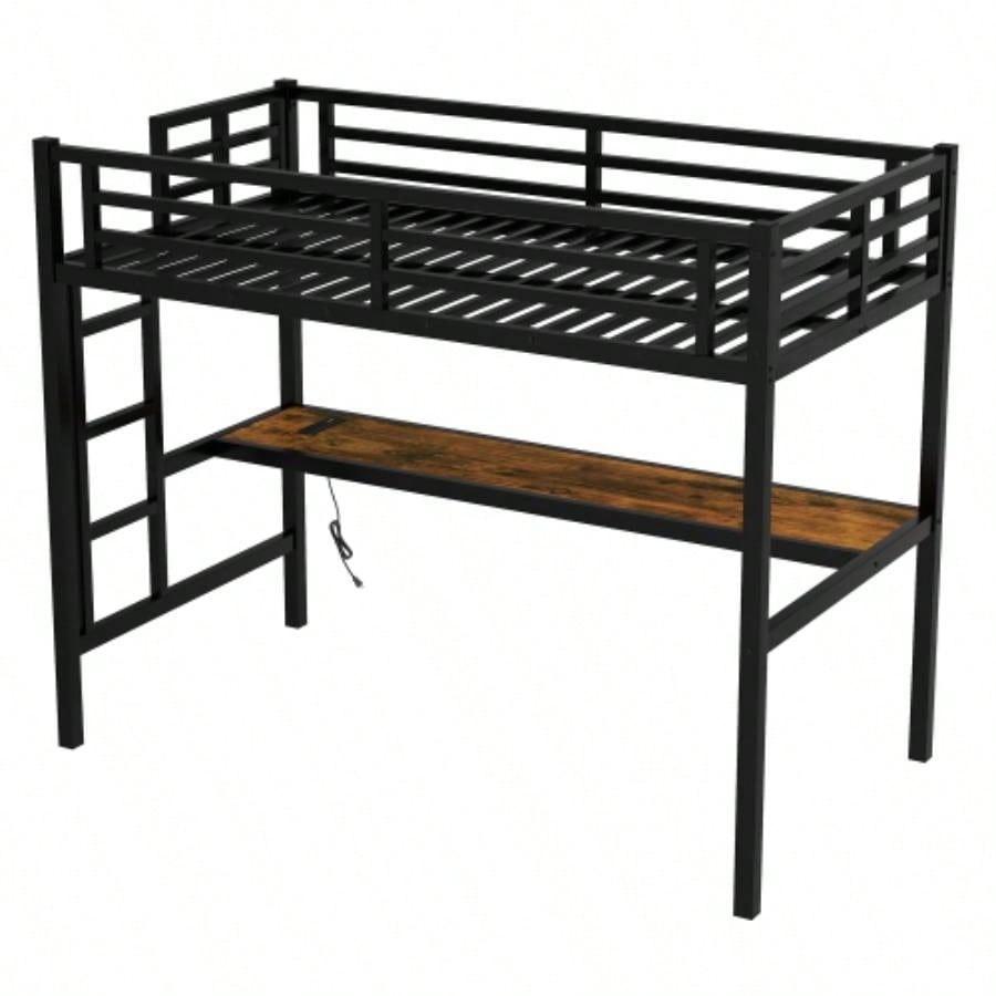 Metal Twin XL Size Loft Bed with Power Outlet and LED Lighted, Space - Saving, Noise Reduced, Black