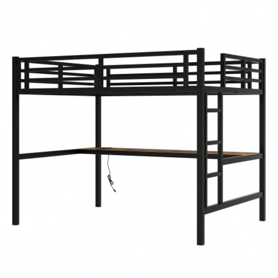 Metal Full Size Loft Bed with Power Outlet and LED Lighted, Space - Saving, Noise Reduced, Black