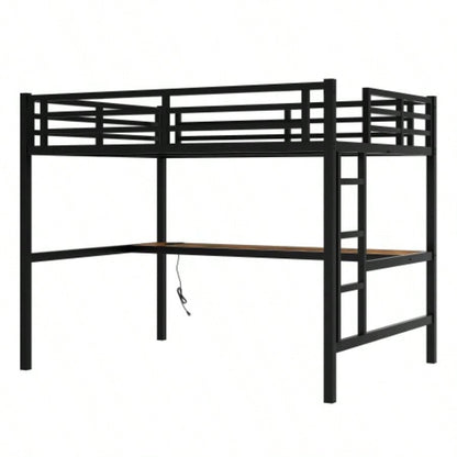 Metal Full Size Loft Bed with Power Outlet and LED Lighted, Space - Saving, Noise Reduced, Black