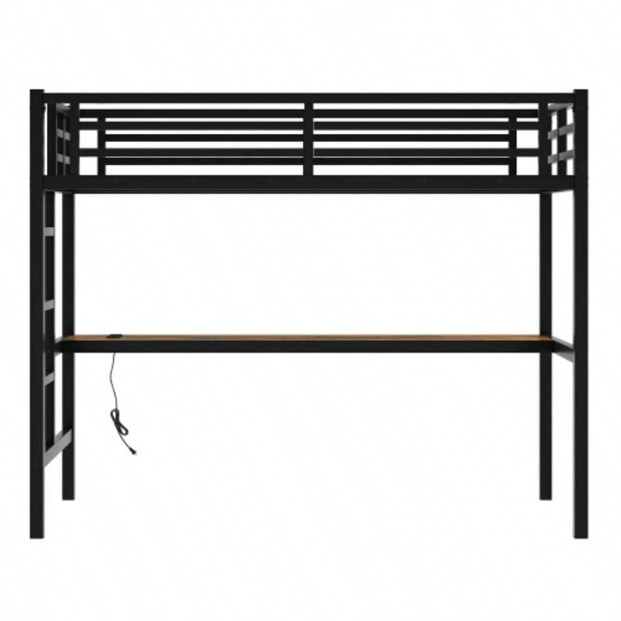 Metal Twin XL Size Loft Bed with Power Outlet and LED Lighted, Space - Saving, Noise Reduced, Black