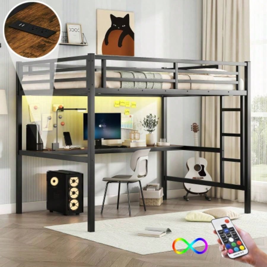 Metal Twin XL Size Loft Bed with Power Outlet and LED Lighted, Space - Saving, Noise Reduced, Black