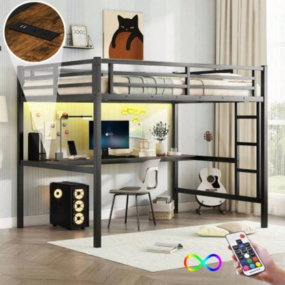 Metal Twin XL Size Loft Bed with Power Outlet and LED Lighted, Space - Saving, Noise Reduced, Black