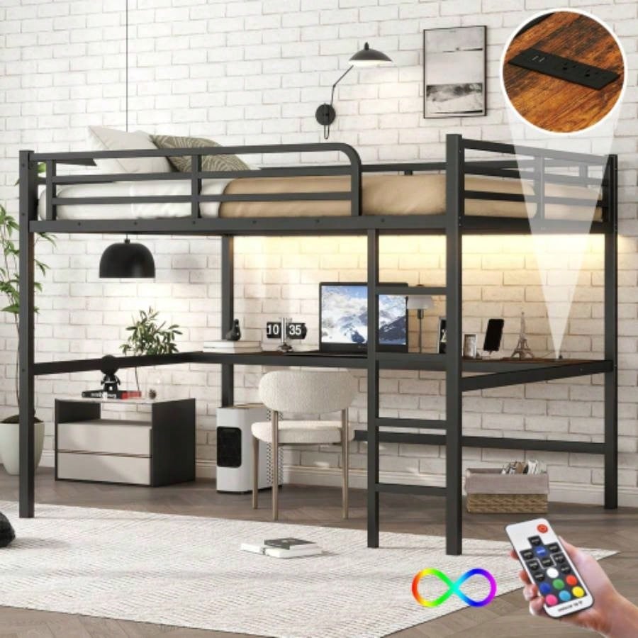 Metal Full Size Loft Bed with Power Outlet and LED Lighted, Space - Saving, Noise Reduced, Black
