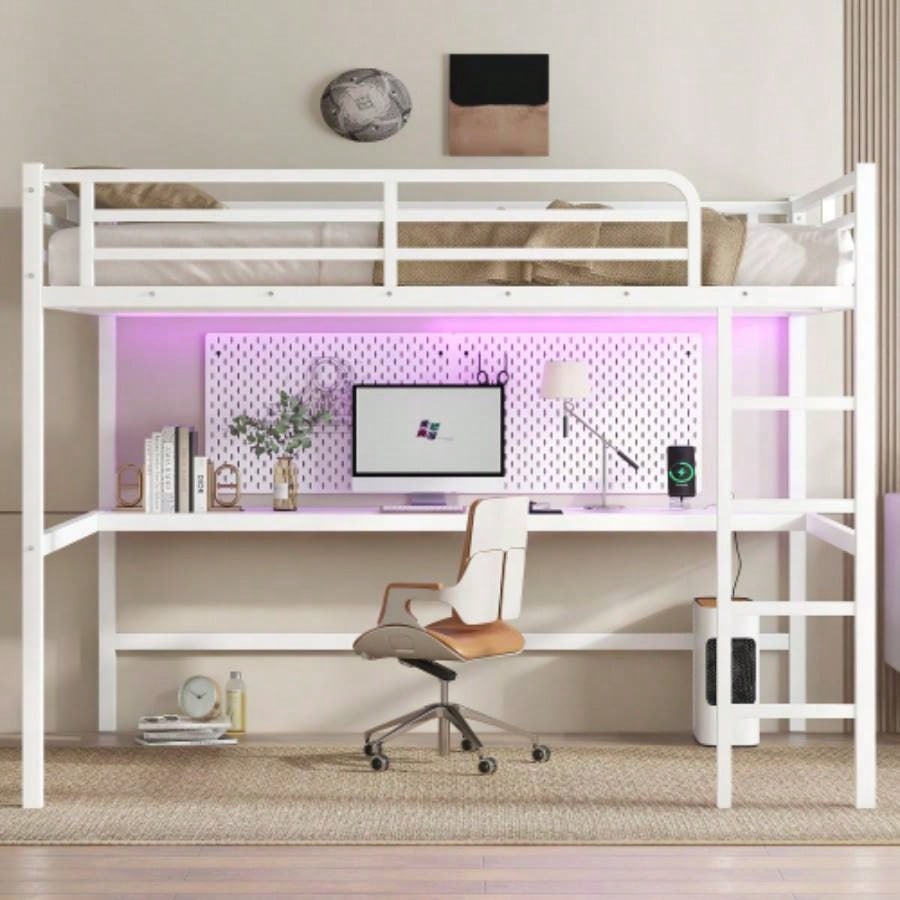 Metal Twin XL Size Loft Bed with Power Outlet and LED Lighted, Space - Saving, Noise Reduced, Black