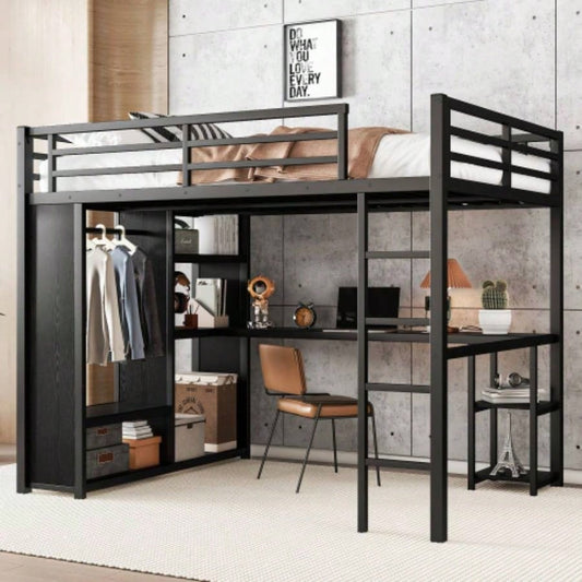 Size Loft Bed Frame with Built - in Wardrobe, Metal Loft Bed with Desk and Storage Shelves, Black