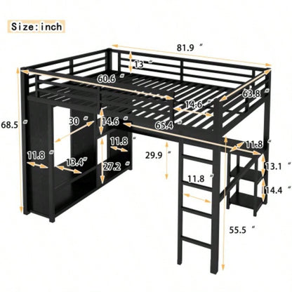 Size Loft Bed Frame with Built - in Wardrobe, Metal Loft Bed with Desk and Storage Shelves, Black