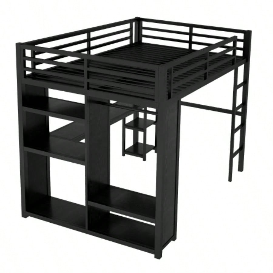 Size Loft Bed Frame with Built - in Wardrobe, Metal Loft Bed with Desk and Storage Shelves, Black