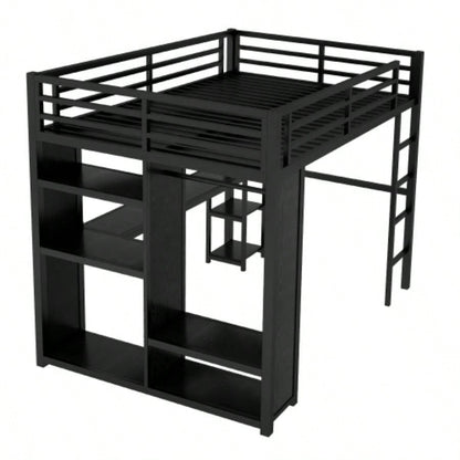 Size Loft Bed Frame with Built - in Wardrobe, Metal Loft Bed with Desk and Storage Shelves, Black