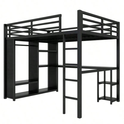 Size Loft Bed Frame with Built - in Wardrobe, Metal Loft Bed with Desk and Storage Shelves, Black