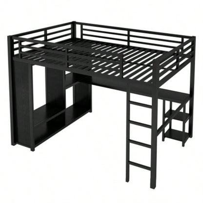 Size Loft Bed Frame with Built - in Wardrobe, Metal Loft Bed with Desk and Storage Shelves, Black