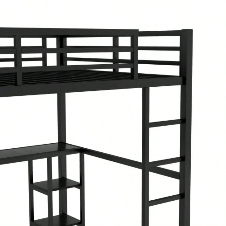 Size Loft Bed Frame with Built - in Wardrobe, Metal Loft Bed with Desk and Storage Shelves, Black