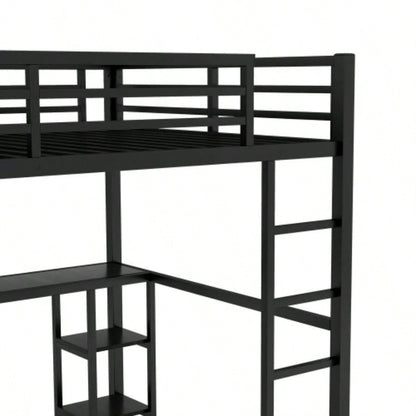 Size Loft Bed Frame with Built - in Wardrobe, Metal Loft Bed with Desk and Storage Shelves, Black