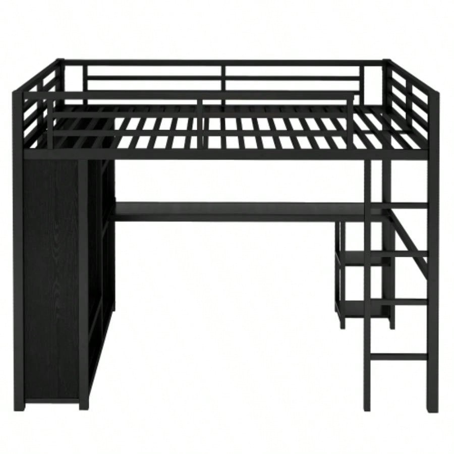 Size Loft Bed Frame with Built - in Wardrobe, Metal Loft Bed with Desk and Storage Shelves, Black