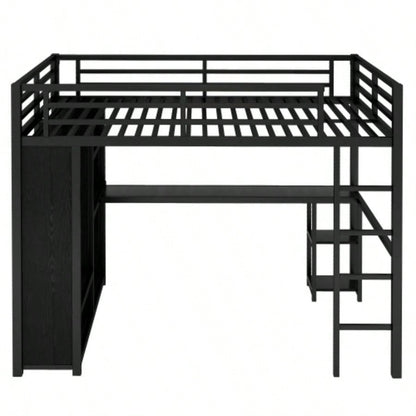 Size Loft Bed Frame with Built - in Wardrobe, Metal Loft Bed with Desk and Storage Shelves, Black