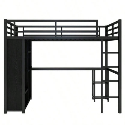 Size Loft Bed Frame with Built - in Wardrobe, Metal Loft Bed with Desk and Storage Shelves, Black
