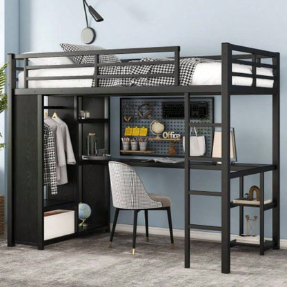 Size Loft Bed Frame with Built - in Wardrobe, Metal Loft Bed with Desk and Storage Shelves, Black