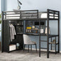 Size Loft Bed Frame with Built - in Wardrobe, Metal Loft Bed with Desk and Storage Shelves, Black