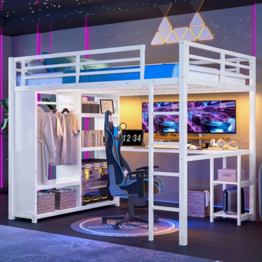 Size Loft Bed Frame with Built - in Wardrobe, Metal Loft Bed with Desk and Storage Shelves, Black