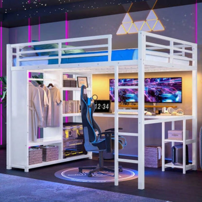 Size Loft Bed Frame with Built - in Wardrobe, Metal Loft Bed with Desk and Storage Shelves, Black