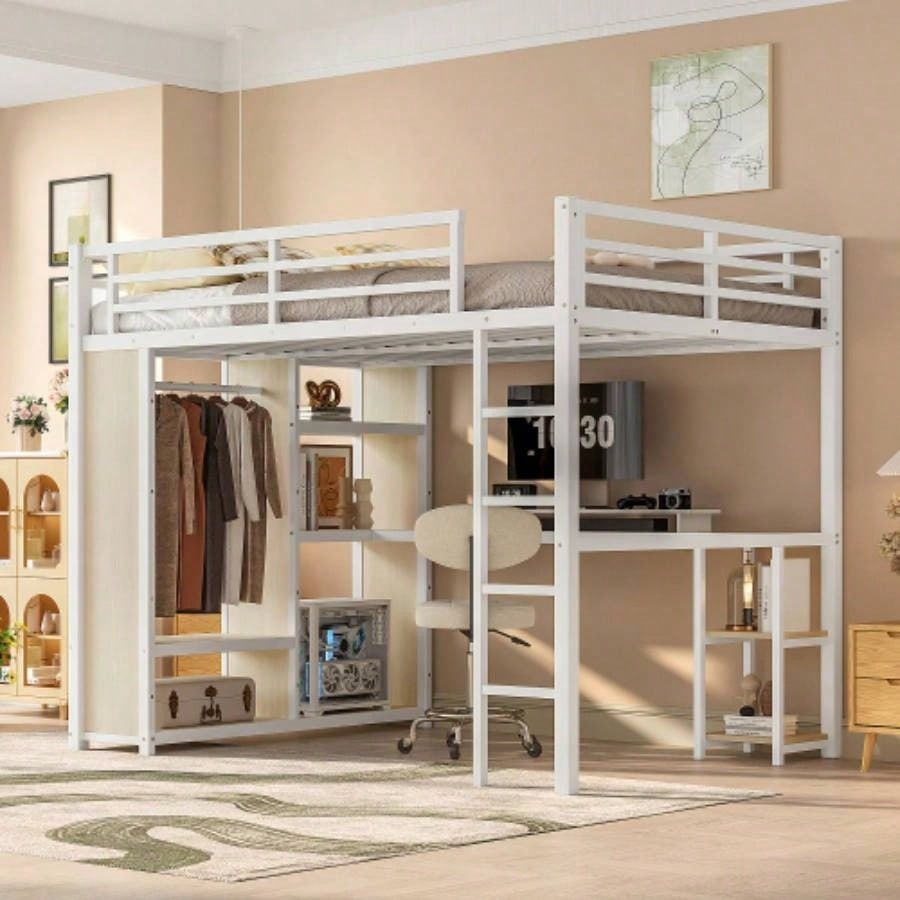 Size Loft Bed Frame with Built - in Wardrobe, Metal Loft Bed with Desk and Storage Shelves, Black