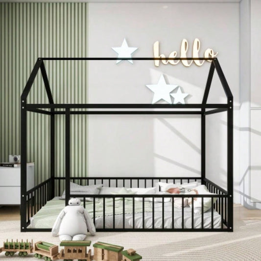 Twin Size Metal Bed House Bed Frame with Fence, Kids, Teens, Girls, Boys, Black