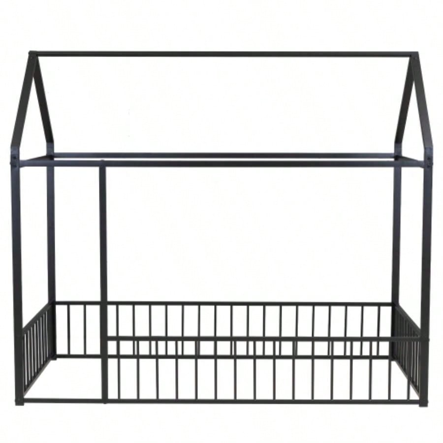 Twin Size Metal Bed House Bed Frame with Fence, Kids, Teens, Girls, Boys, Black
