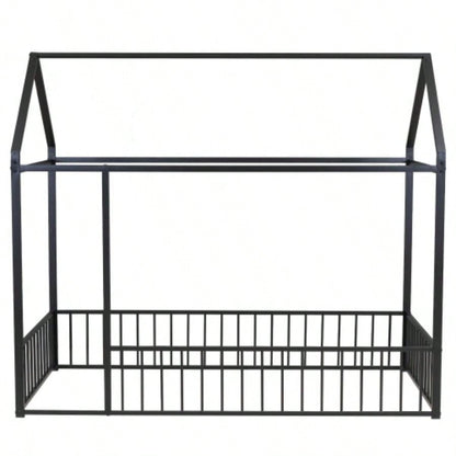 Twin Size Metal Bed House Bed Frame with Fence, Kids, Teens, Girls, Boys, Black