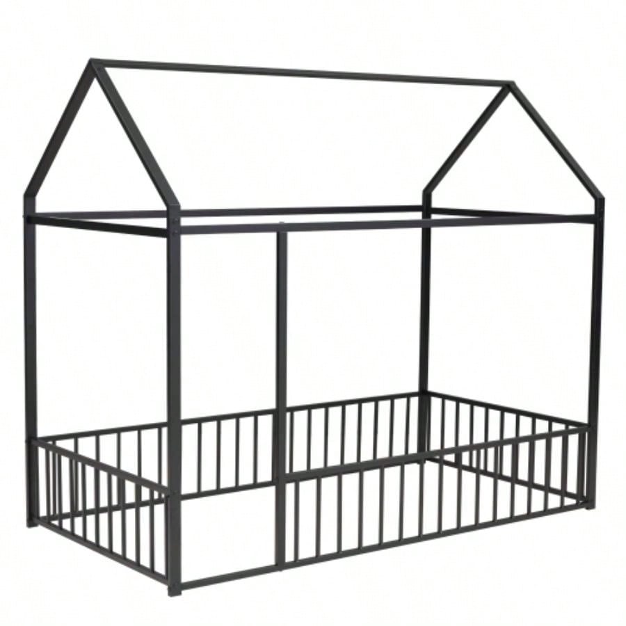 Twin Size Metal Bed House Bed Frame with Fence, Kids, Teens, Girls, Boys, Black