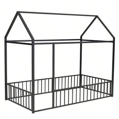 Twin Size Metal Bed House Bed Frame with Fence, Kids, Teens, Girls, Boys, Black