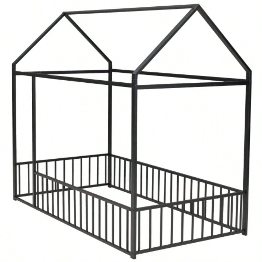 Twin Size Metal Bed House Bed Frame with Fence, Kids, Teens, Girls, Boys, Black
