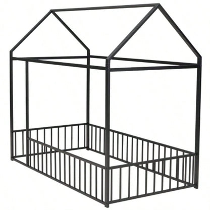 Twin Size Metal Bed House Bed Frame with Fence, Kids, Teens, Girls, Boys, Black