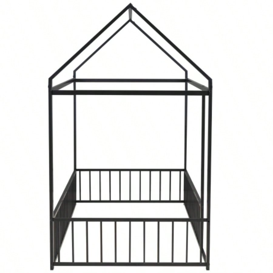 Twin Size Metal Bed House Bed Frame with Fence, Kids, Teens, Girls, Boys, Black