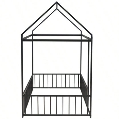 Twin Size Metal Bed House Bed Frame with Fence, Kids, Teens, Girls, Boys, Black
