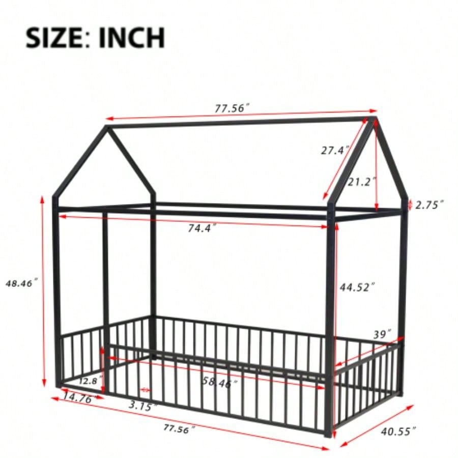 Twin Size Metal Bed House Bed Frame with Fence, Kids, Teens, Girls, Boys, Black