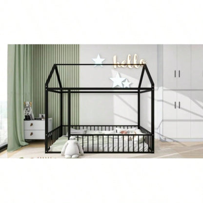Twin Size Metal Bed House Bed Frame with Fence, Kids, Teens, Girls, Boys, Black