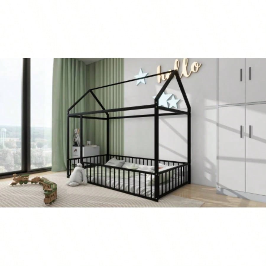 Twin Size Metal Bed House Bed Frame with Fence, Kids, Teens, Girls, Boys, Black