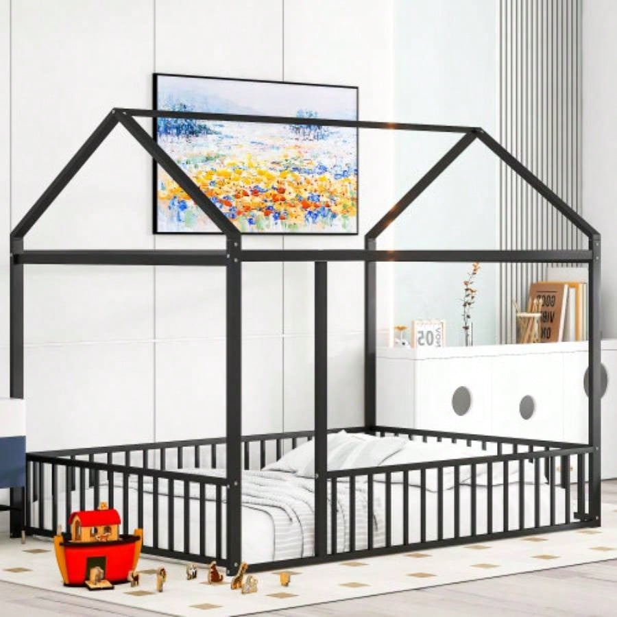 Twin Size Metal Bed House Bed Frame with Fence, Kids, Teens, Girls, Boys, Black