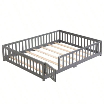 Twin Size Floor Bed with Door, Solid Wood Platform Bed Frame with Fence, Suitable children, Pine Wood, Gray