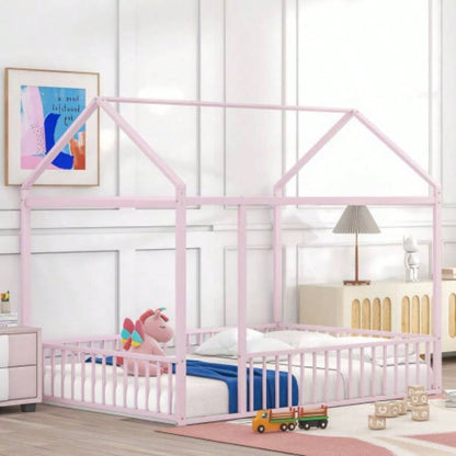 Twin Size Metal Bed House Bed Frame with Fence, Kids, Teens, Girls, Boys, Black