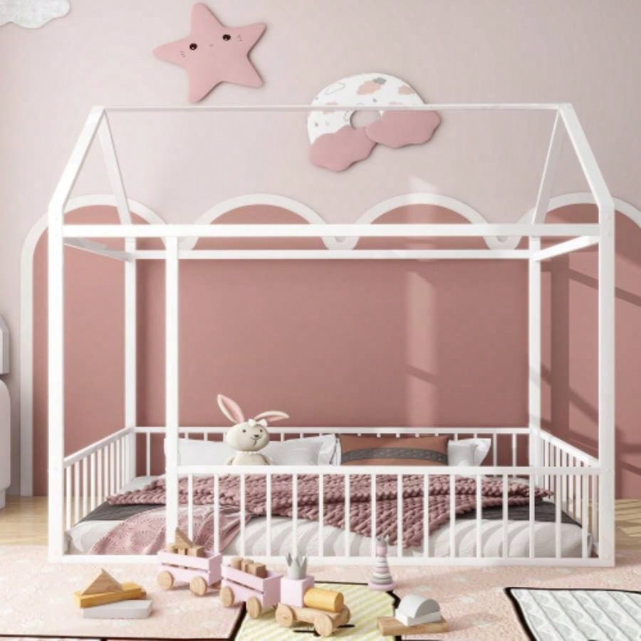 Twin Size Metal Bed House Bed Frame with Fence, Kids, Teens, Girls, Boys, Black