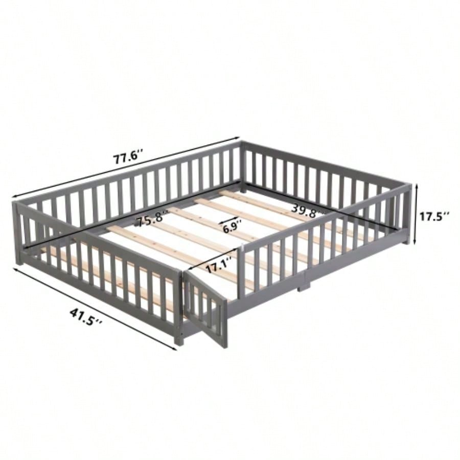 Twin Size Floor Bed with Door, Solid Wood Platform Bed Frame with Fence, Suitable children, Pine Wood, Gray