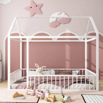 Twin Size Metal Bed House Bed Frame with Fence, Kids, Teens, Girls, Boys, Black