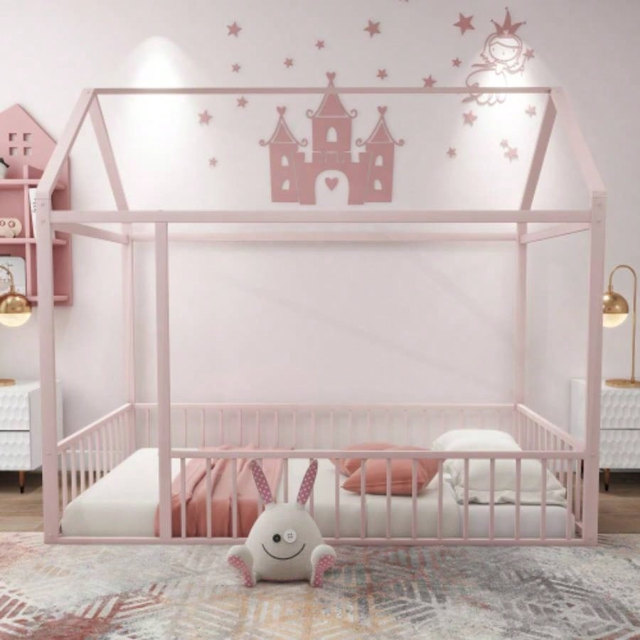Twin Size Metal Bed House Bed Frame with Fence, Kids, Teens, Girls, Boys, Black