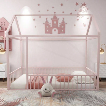 Twin Size Metal Bed House Bed Frame with Fence, Kids, Teens, Girls, Boys, Black