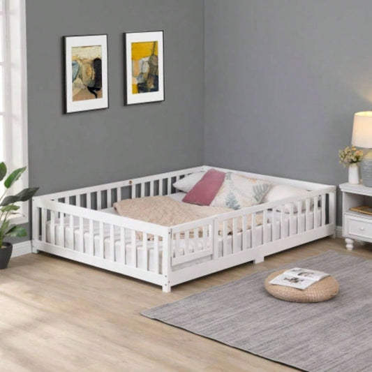 full Size Floor Bed with Door, Solid Wood Platform Bed Frame with Fence, Suitable children, Pine Wood, White
