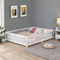 full Size Floor Bed with Door, Solid Wood Platform Bed Frame with Fence, Suitable children, Pine Wood, White