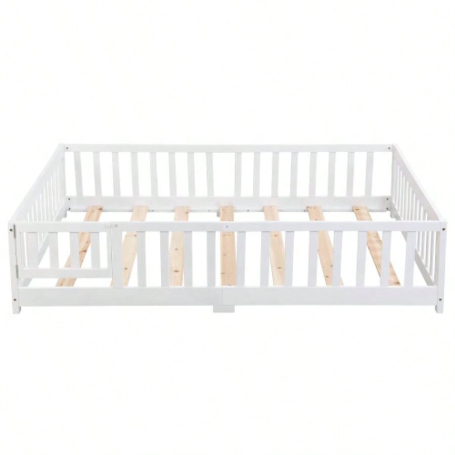 full Size Floor Bed with Door, Solid Wood Platform Bed Frame with Fence, Suitable children, Pine Wood, White