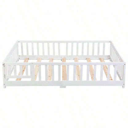 full Size Floor Bed with Door, Solid Wood Platform Bed Frame with Fence, Suitable children, Pine Wood, White